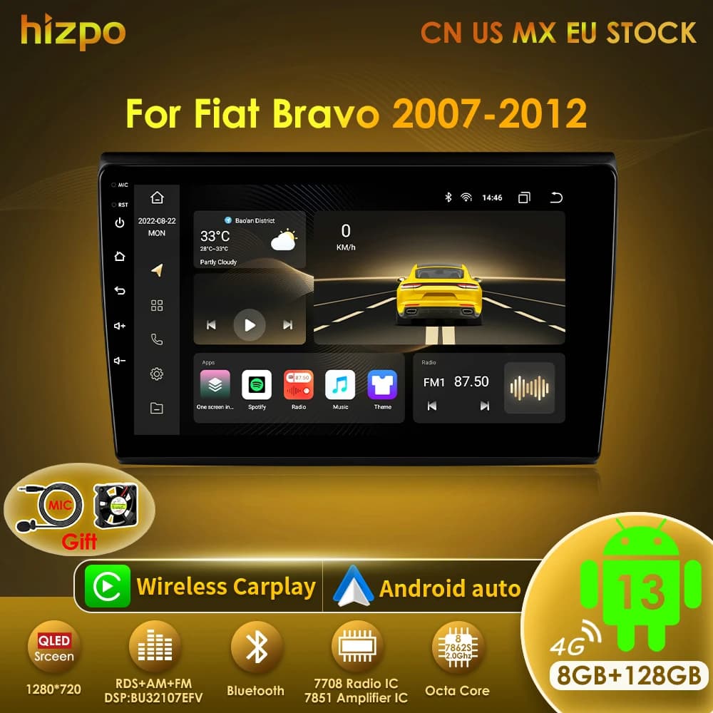 Hizpo Autoradio Android 13 Auto Per Fiat Bravo 2007 - 2012 Lettore Video Multimediale Stereo GPS Carplay 2din Unità Principale QLED Schermo