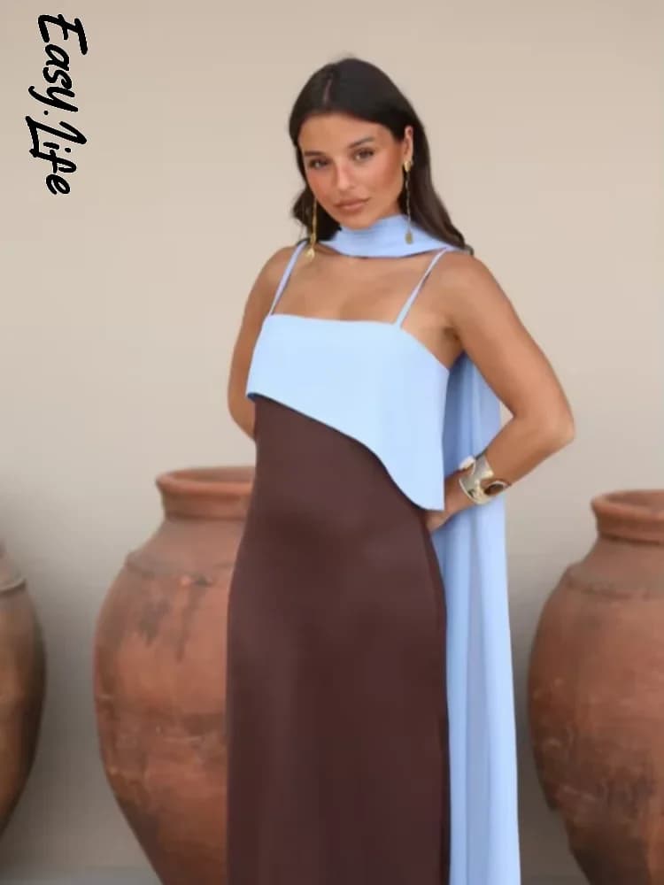 Fashion Color Block Spaghetti Strap Maxi Dress Women Elegant Halter Scarf High Split Slim Vestidos 2026 New Daily Party Robes
