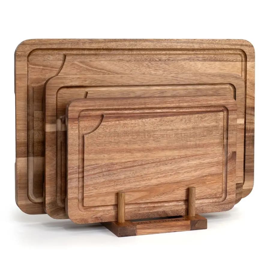 Set di taglieri in legno di acacia per cucina, 3 pezzi con supporto, scanalatura per succhi e manici, taglieri in legno resistenti