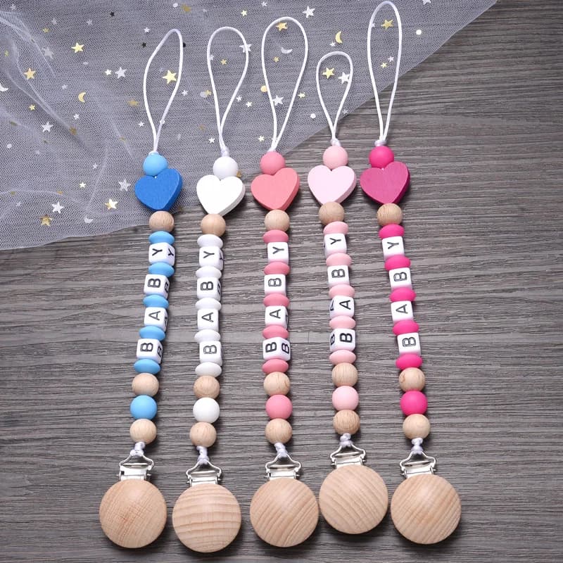 Nome personalizzato per bambino Porta capezzoli in legno Clip Ciuccio Dentizione Giocattolo da masticare Commestibile Massaggiagengive per neonati Catena fittizia Regalo per la doccia