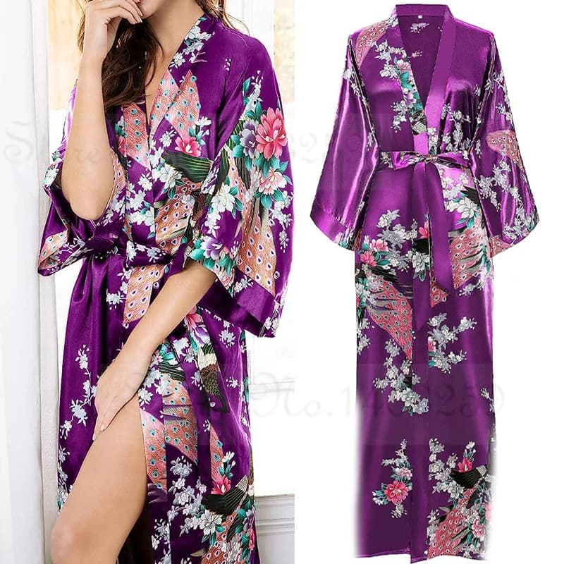 Women's Long Dress Night Shirt Print Floor Nightwear Large satin 3XL Flower Kimono Bathrobe Home Dress Trained Pigiama