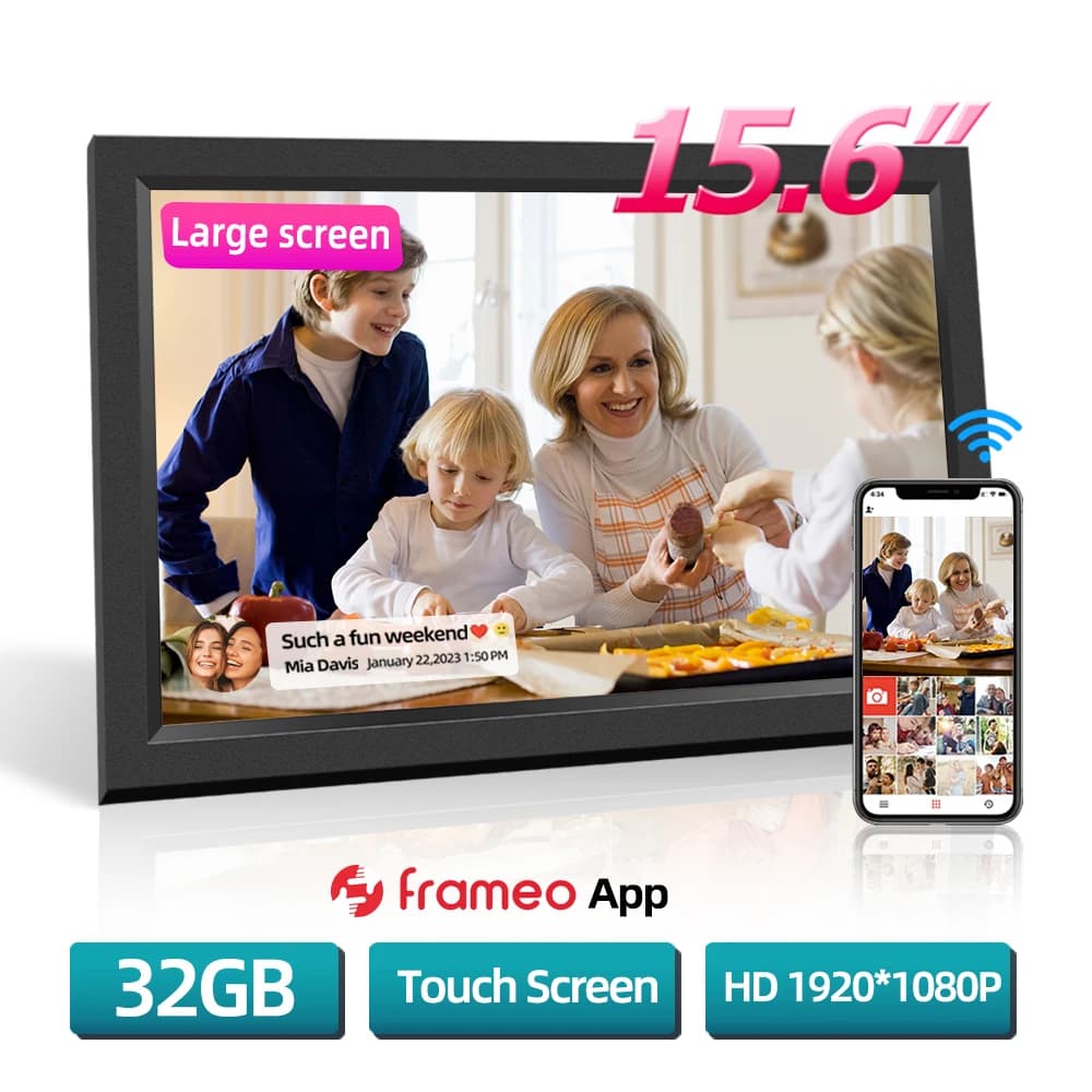 15.6 inch WiFi digital image frame, 32 GB smart digital photo frame, 1920 x 1080 IPS APP Frameo HD touch screen