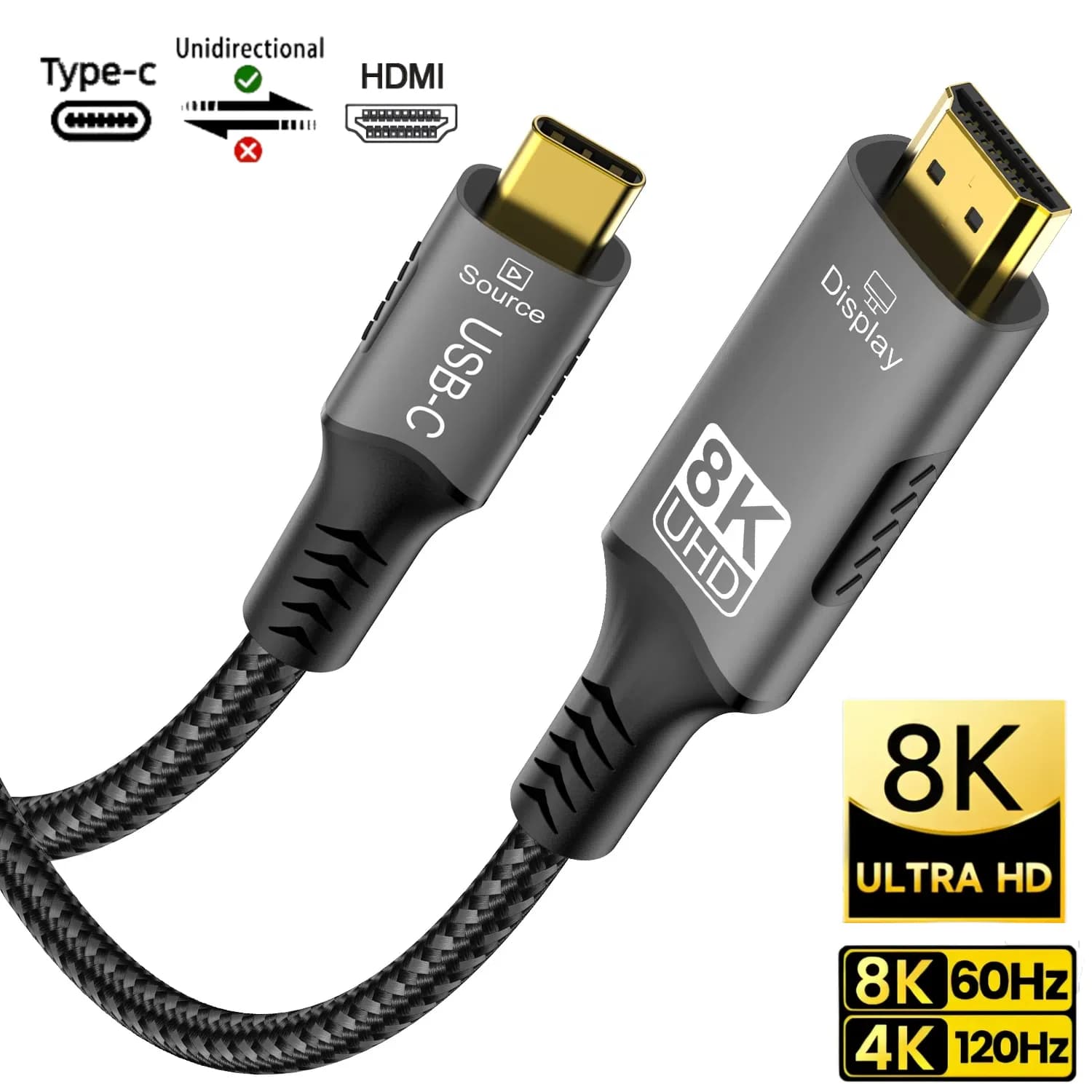 Cavo da tipo C a HDMI 8K a 60 Hz 4K a 120 Hz 2K a 240 Hz Cavo da USB C a HDMI 2.1 compatibile per convertitore TV MacBook iPad Samsung Galaxy