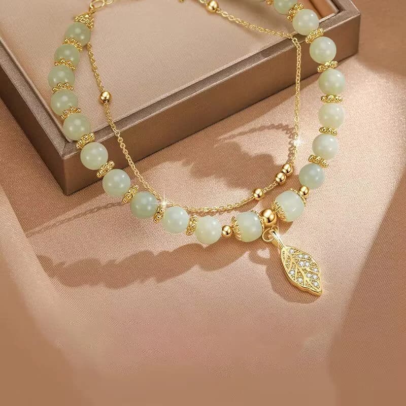 Chinese Style Jade Bracelet for Women Exquisite Wristband with Gold Colored Leaves Double Chain Gifts for Girls
