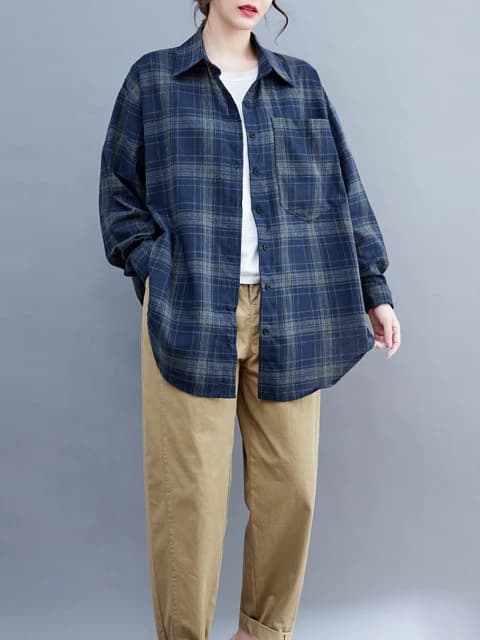 Loose Large Size Women's Cotton Linen Shirt Summer Thin Outerwear Long Sleeve Checkered Sun Protection Top Breathable Moistur...