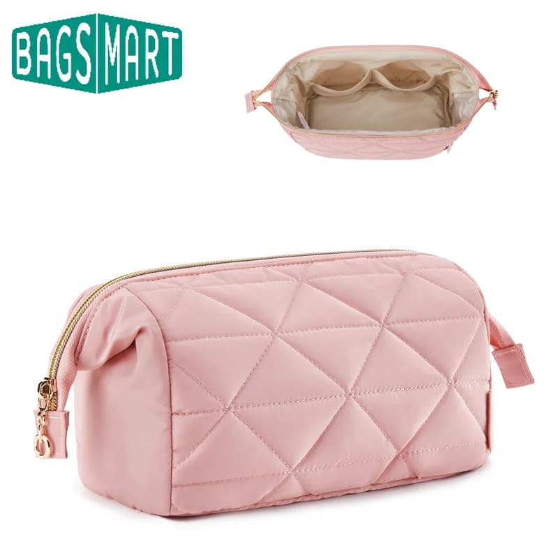 BAGSMART Borsa per organizer per trucco Borsa per cosmetici ampia aperta Custodia per trucco imbottita gonfia per articoli da toeletta essenziali Accessori Spazzole
