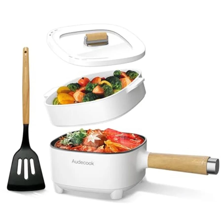 Pentola elettrica da 2 litri con rivestimento ceramico antiaderente, padella da 8 pollici, fornello portatile da viaggio per ramen/bistecca/riso fritto/porridge/zuppa