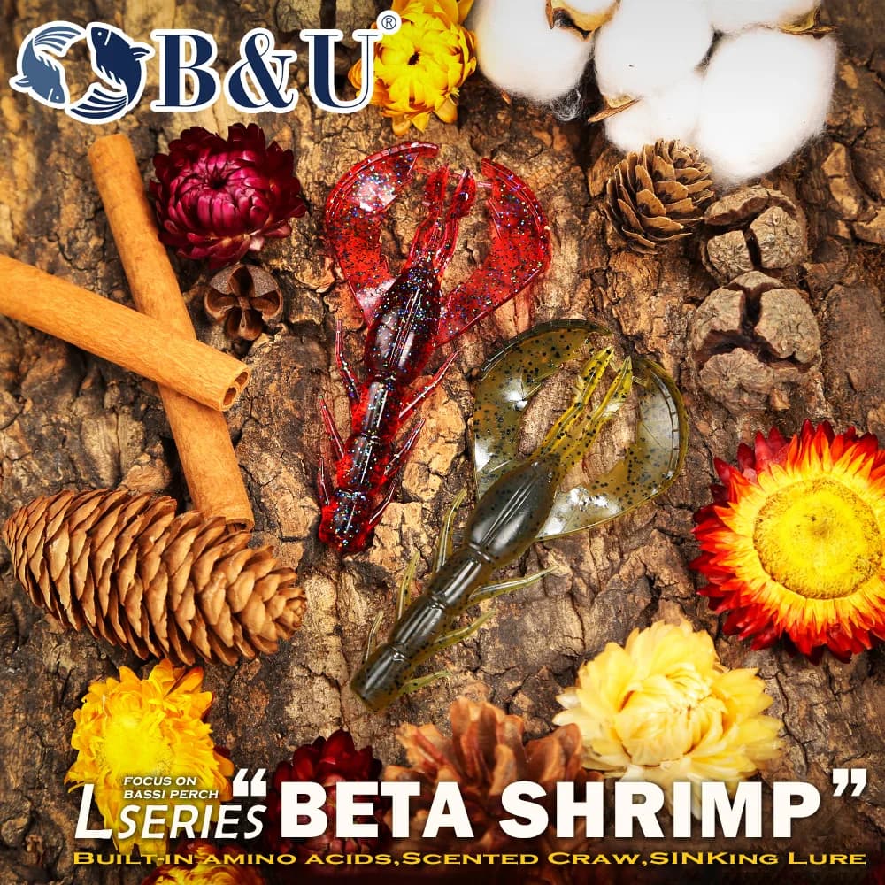 Esche morbide da pesca B&U Craw Shrimp, esche in plastica morbida a forma di creatura per la pesca di persici, lucci e bassi d'acqua dolce con Texas Rig