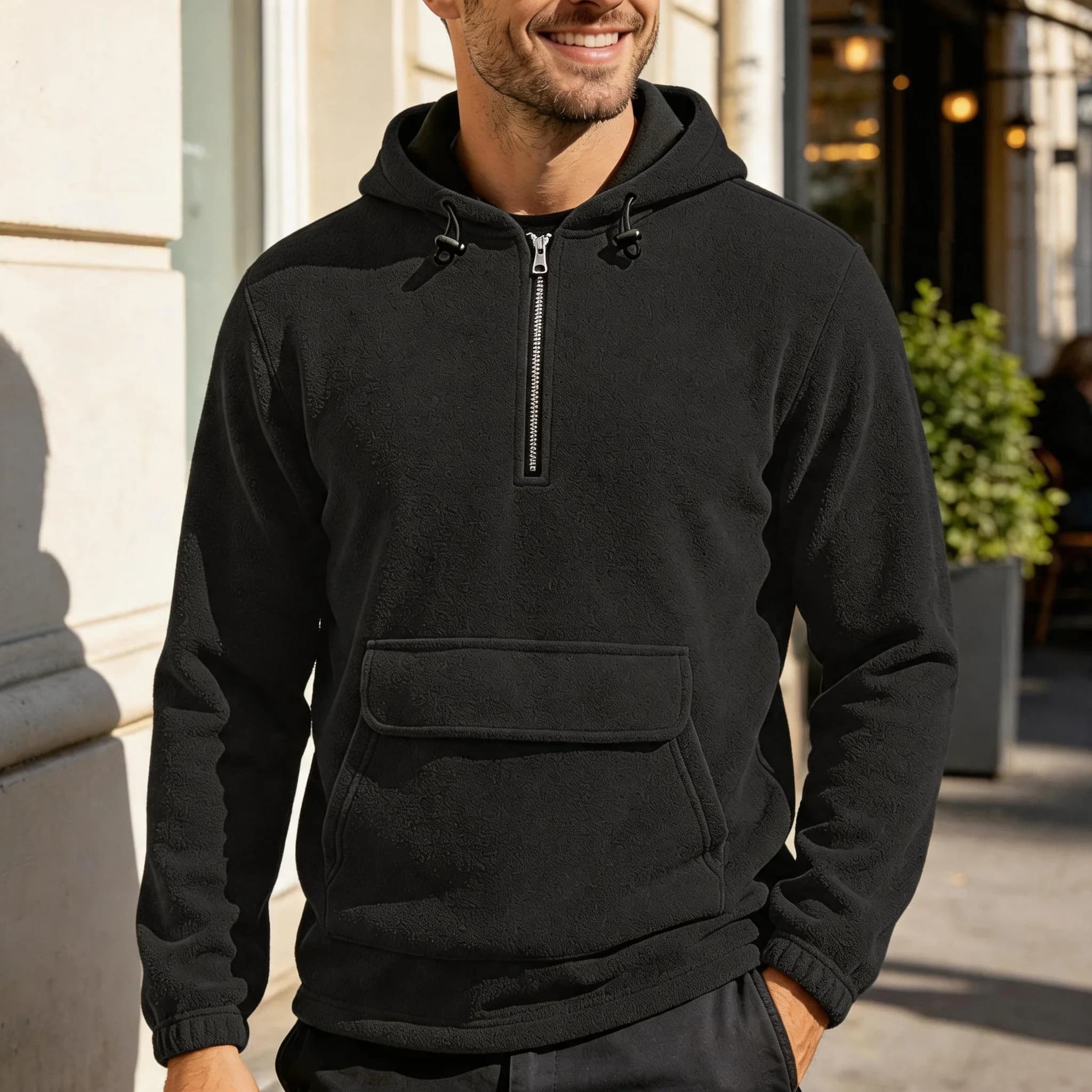 Men Fleece Half Zip Hoodie Drawstring Kangaroo Pocket Long Sleeve Warm Casual Pullover Sweatshirt
