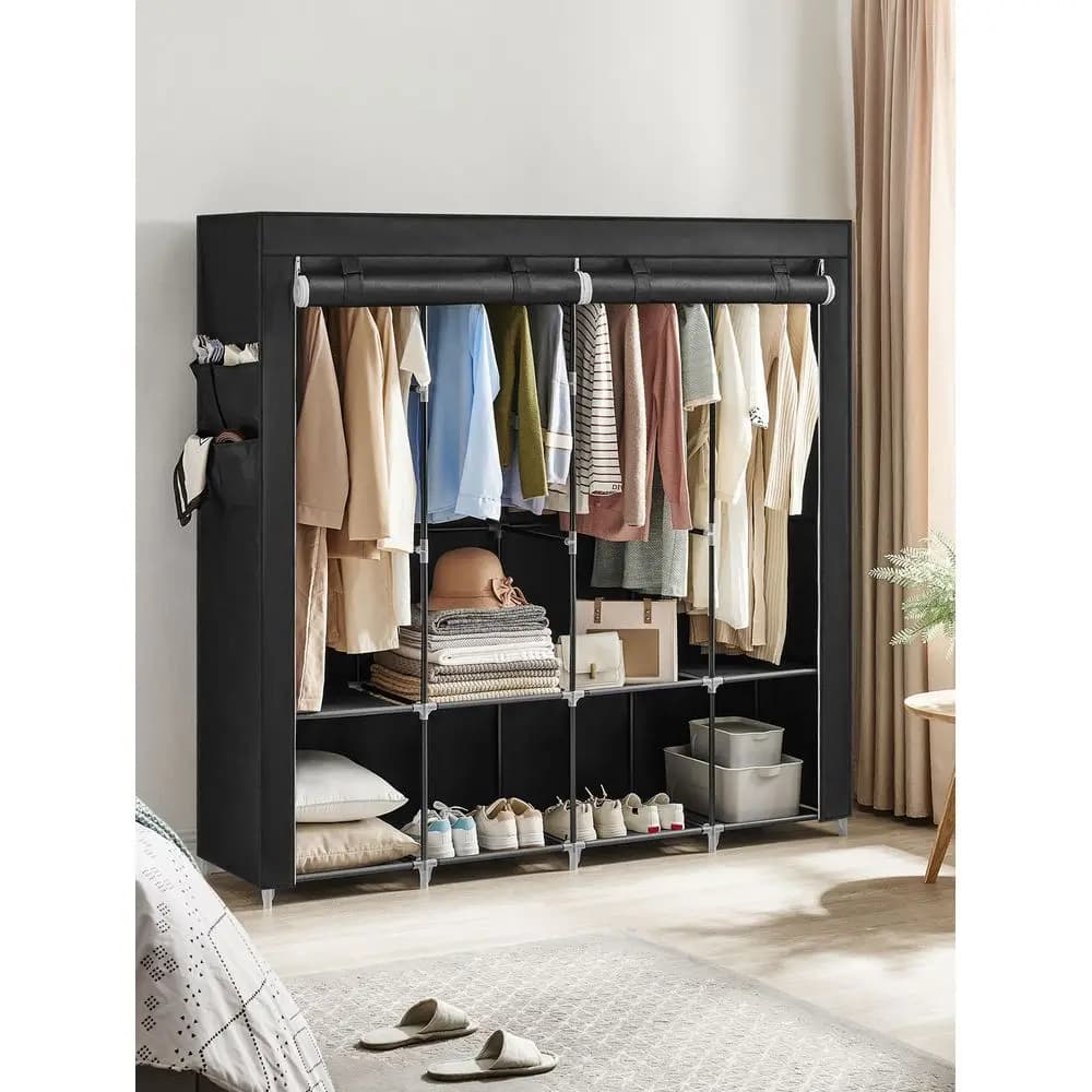 Armadio Portatile, Organizzatore Guardaroba con Copertura, 4 Aste Appendiabiti e Ripiani, 4 Tasche Laterali, 66.9 X 17.7 X 65.7 Pollici, La