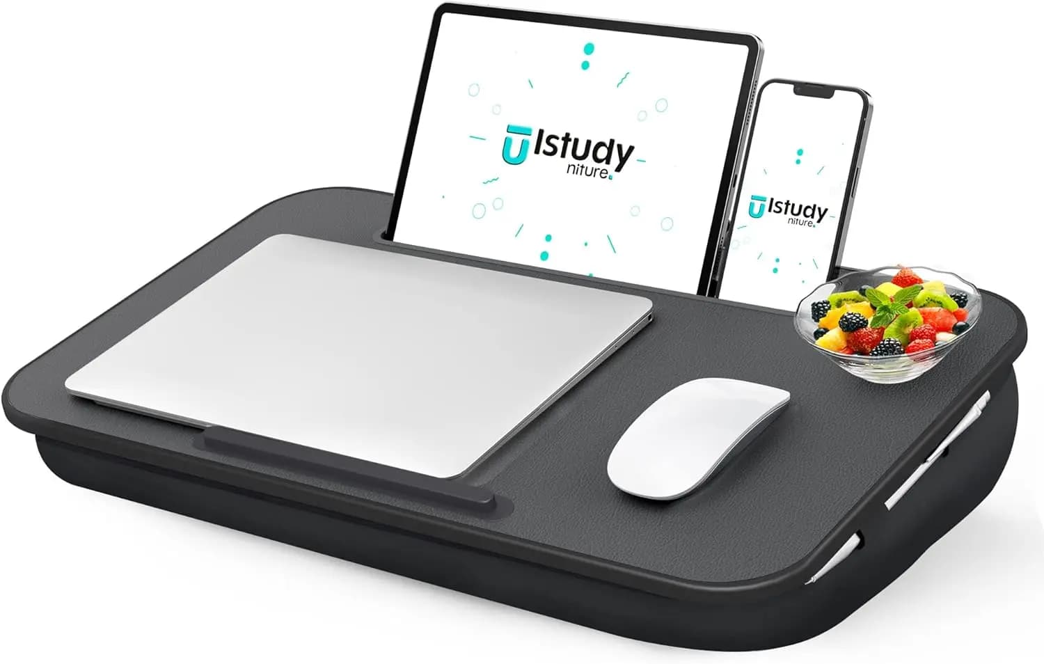 Supporto portatile per laptop con cuscino lavabile, adatto a dispositivi da 17 pollici, include supporto per telefono per uso a letto o in ufficio