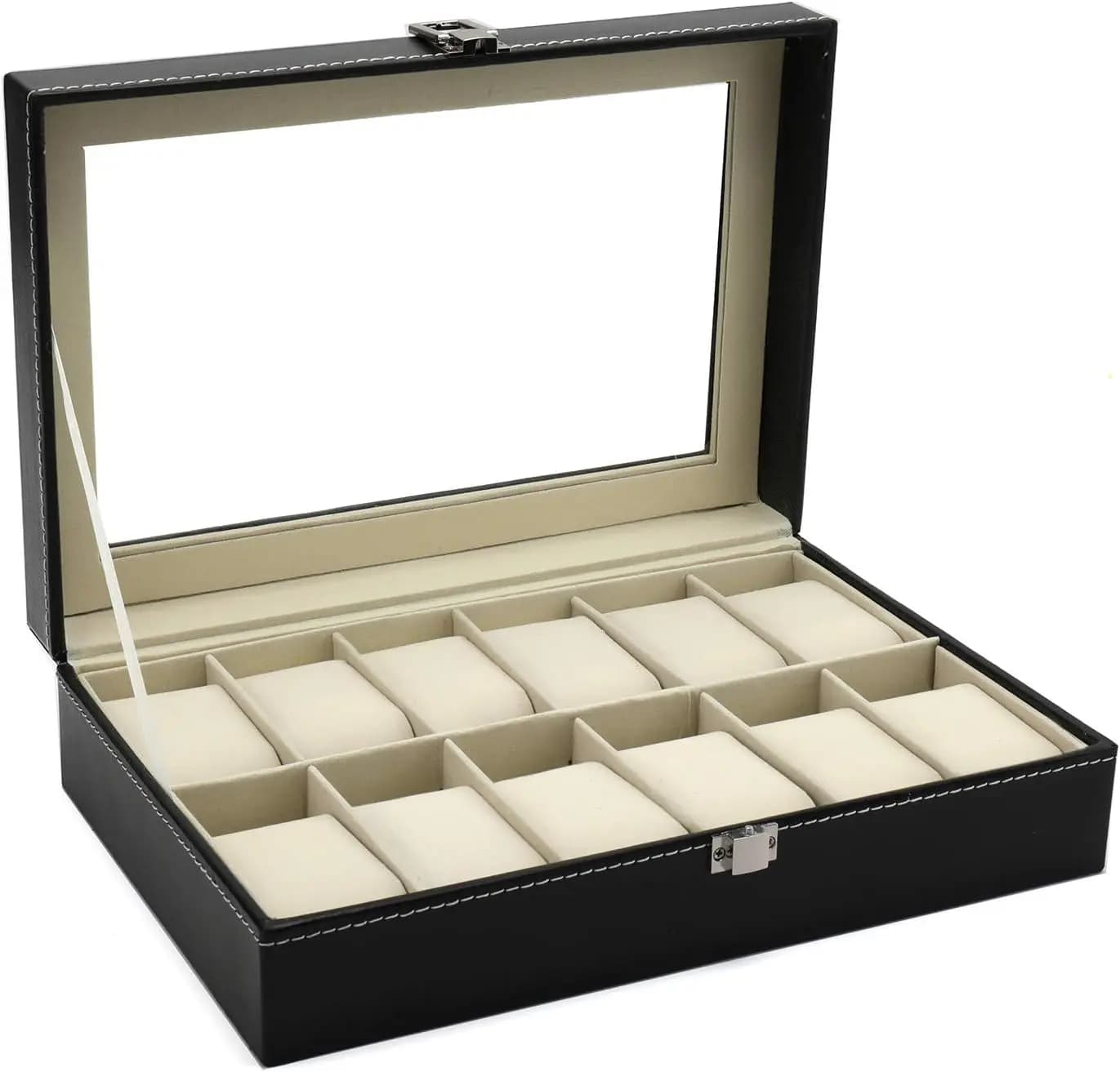 Scatola Porta Orologi in Pelle a 12 Scomparti con Coperchio in Vetro - Elegante Cucitura a Contrasto, Cuscini Rimovibili per Uomo e Donna