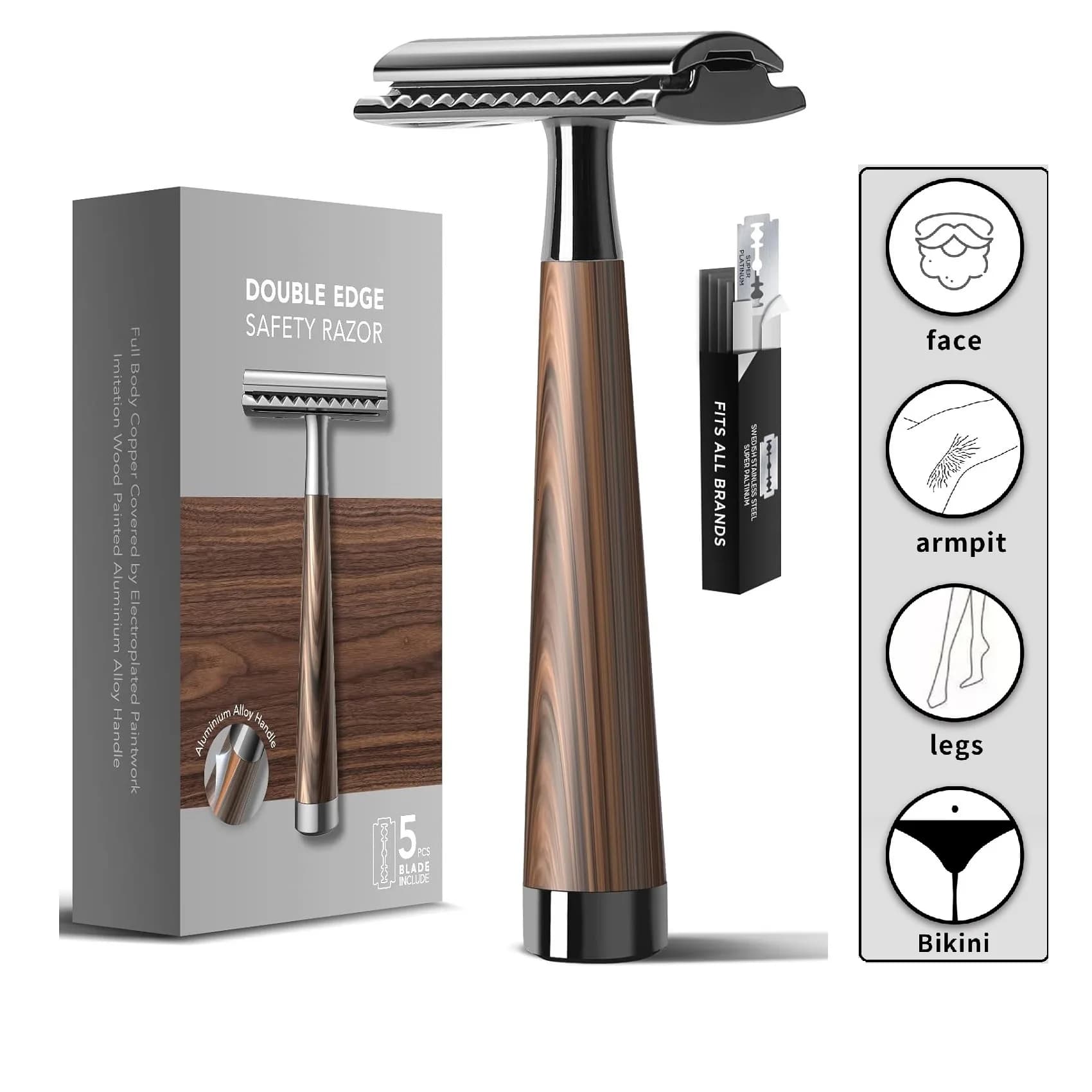 Rasoio di sicurezza a doppia lama da uomo, rasoio con manico in lega di zinco con texture in finto legno con 5 lame svizzere in acciaio inossidabile