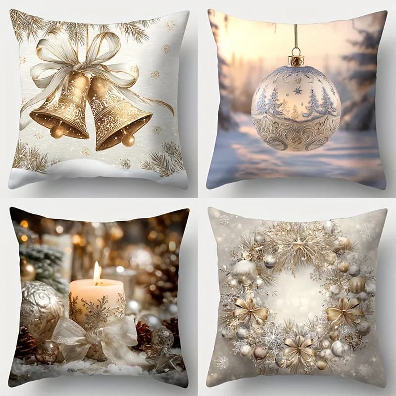 4 fodere per cuscini natalizi: con campanelle, ornamenti e stampe di candele, perfette per l'arredamento del divano del soggiorno e dell'ufficio
