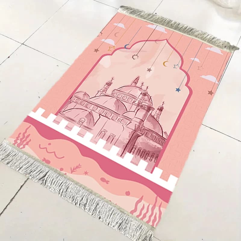 Tappeto da Preghiera VIKAMA con Stelle e Luna Rosa per Eid al Fitr, Tappetino Portatile per Preghiera Musulmana, Decorazione per la Casa