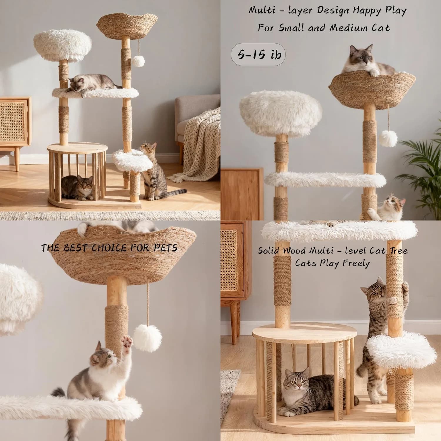 Torre per Gatti Moderna da 51 Pollici per Gatti da Interno, Torre per Gatti in Legno Massello Naturale con Tiragraffi in Sisal, Lusso per Gatti, Personalizzabile