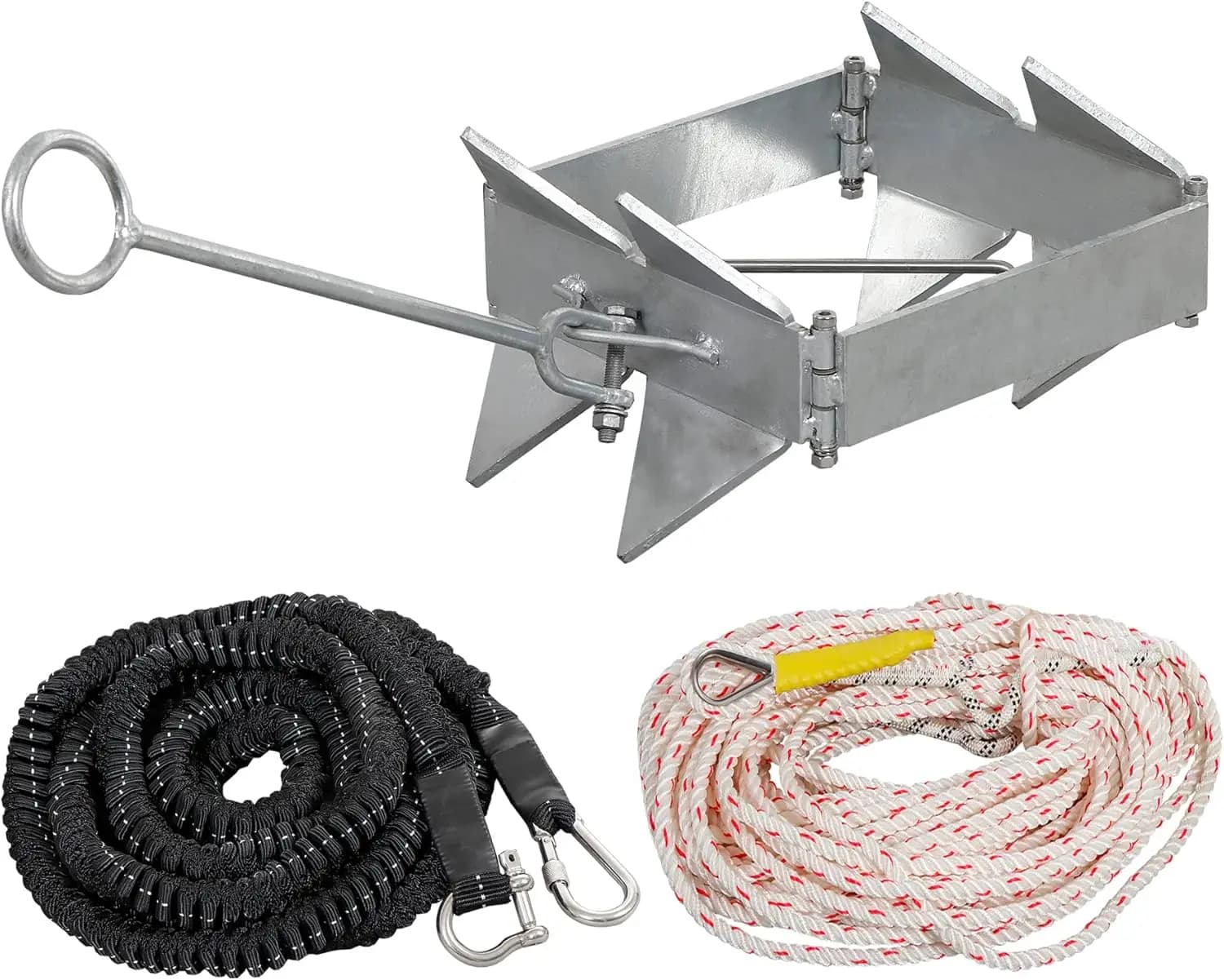 Kit Ancora Pieghevole per Barche 13/19/25 LBS con Corda Elastica da 5m e Corda in Nylon da 30m, Ancora a Cubo Zincata a Caldo per Imbarcazioni Fino a 9m