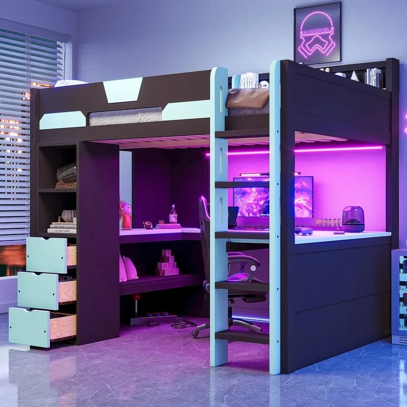 Wooden Gaming Loft Bed with U-Shape Desk, RGB LED Lights, USB Ports, 3 Drawers, Storage Shelves, Black Blue
