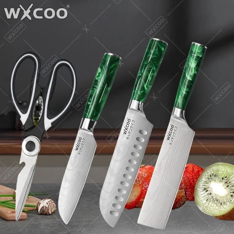 Japanese knife WXCOO in Damascus steel, Macellaio knife, Santoku, to slice fruit, boneless, Mannaia, Stainless steel kitchen scissors
