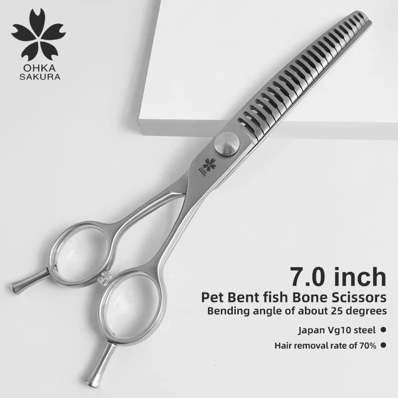 Professional Pet Grooming Scissors 7-Inch Pet Hair Trimming Scissors VG10 70% Hair Removal Efficiency Curved Fishbone Thinning S
