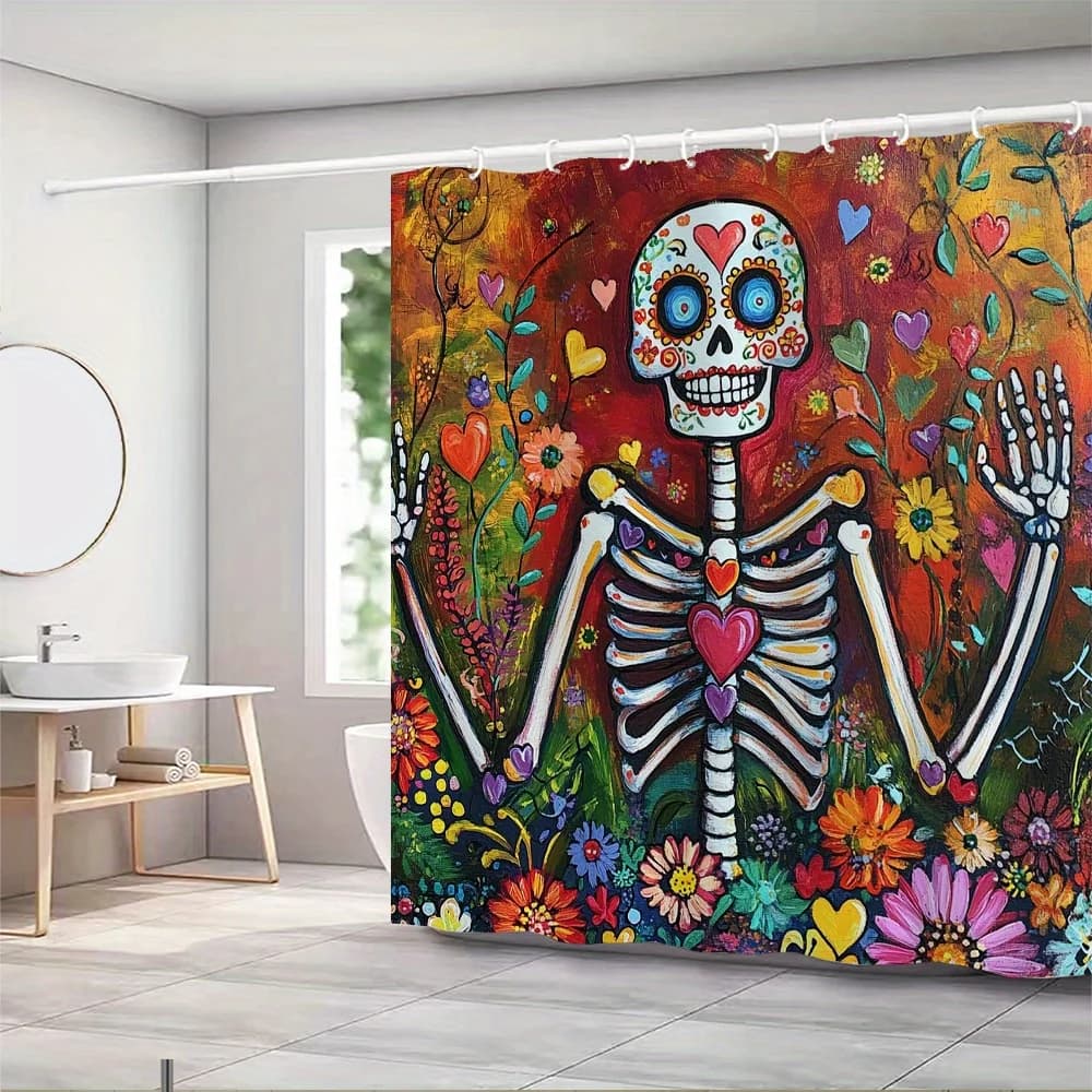 Tenda da doccia con scheletro di teschio di zucchero messicano Tenda da bagno Vibrant Day of the Dead Design colorato Tessuto in poliestere Bagno