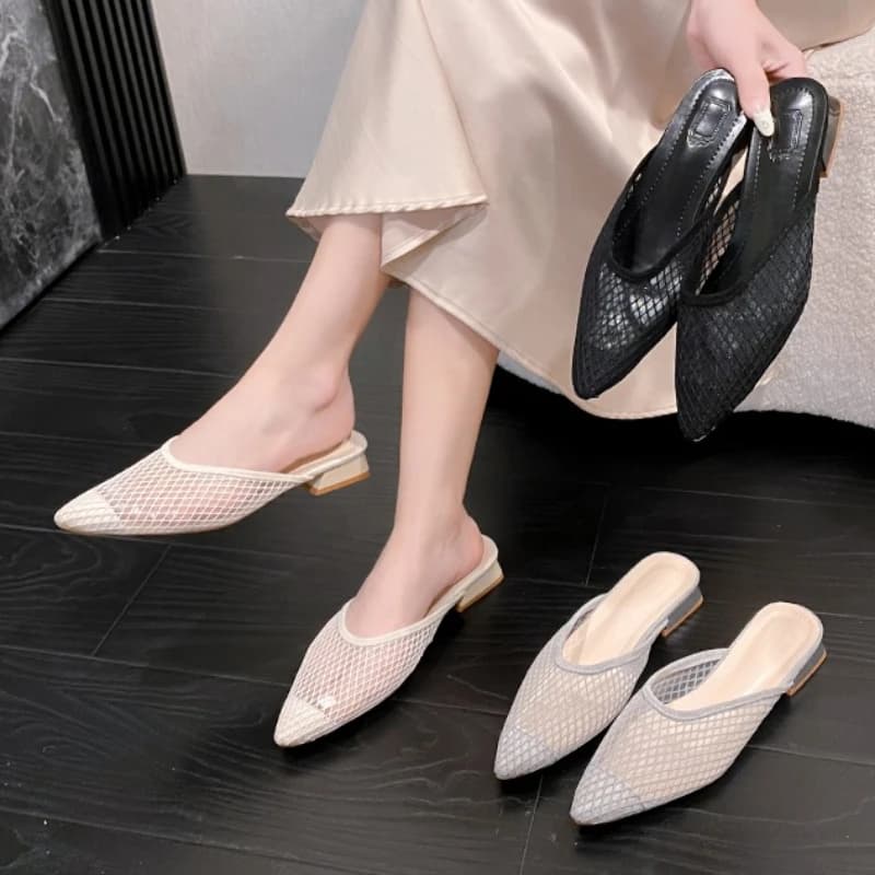Mules da donna con punta a punta e rete a maglie larghe, eleganti, con tacco basso, per feste e occasioni speciali, Collezione Primavera Estate 2026