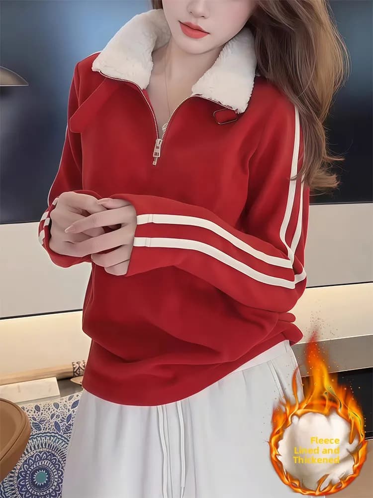 Thickened Fleece Long Sleeve Hoodie Women's Winter New Style Zipper Design Fashionable Anti-Aging Top for 30-34 Years Old