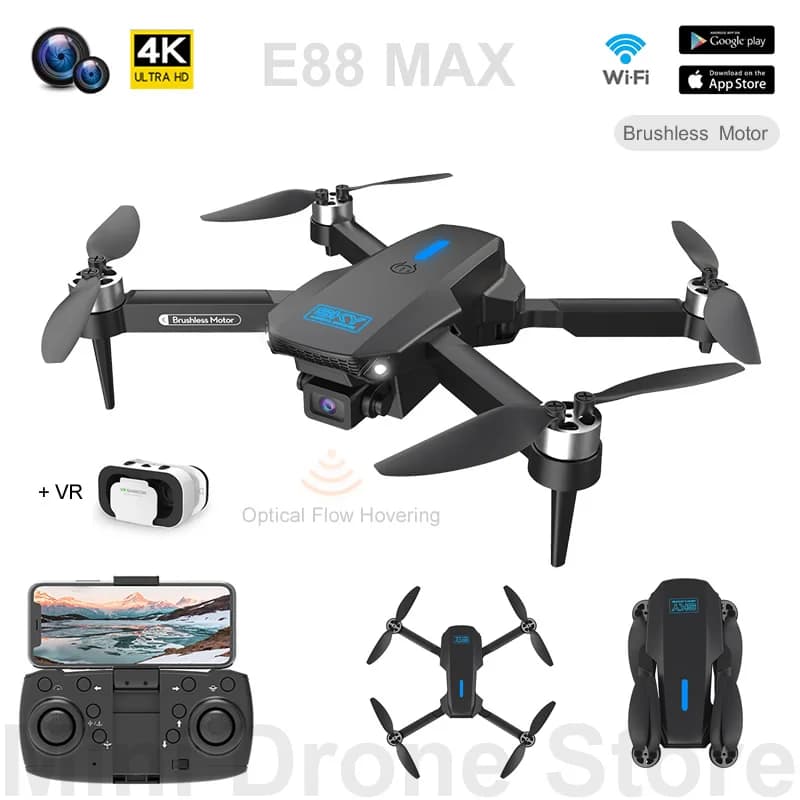 E88 MAX Mini Drone 4K VR Easy Fly Pieghevole Quadcopter Con Fotocamera Posizionamento del Flusso Ottico Senza Spazzole WIFI FPV RC Elicotteri Giocattoli