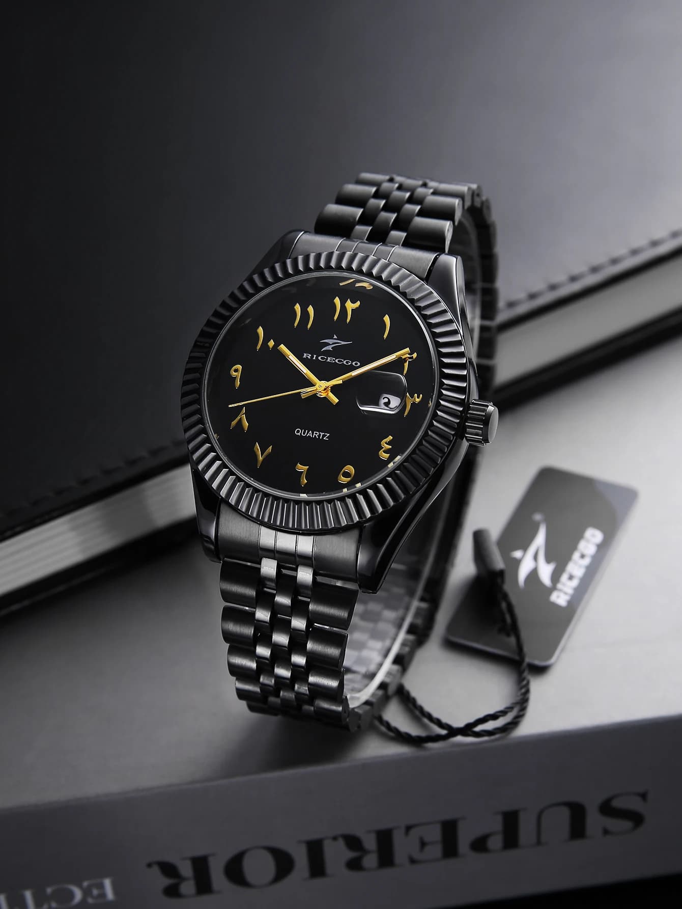 Ricecgo Personalized Wristwatch, All-Black Steel Strap, Distinctive Digital Dial, Multiple Color Options with Date Display, Trendy Men's Quartz Watch