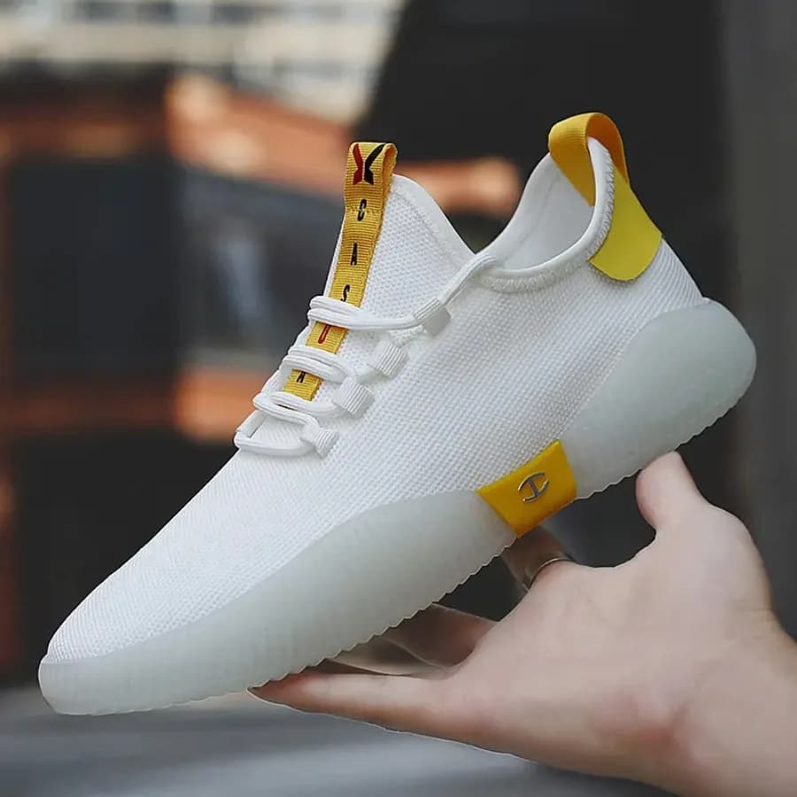 Sneakers Bianche Traspiranti da Uomo con Dettagli Gialli - Scarpe Sportive Casual Basse con Tomaia in Mesh Comode per Abbigliamento Casual