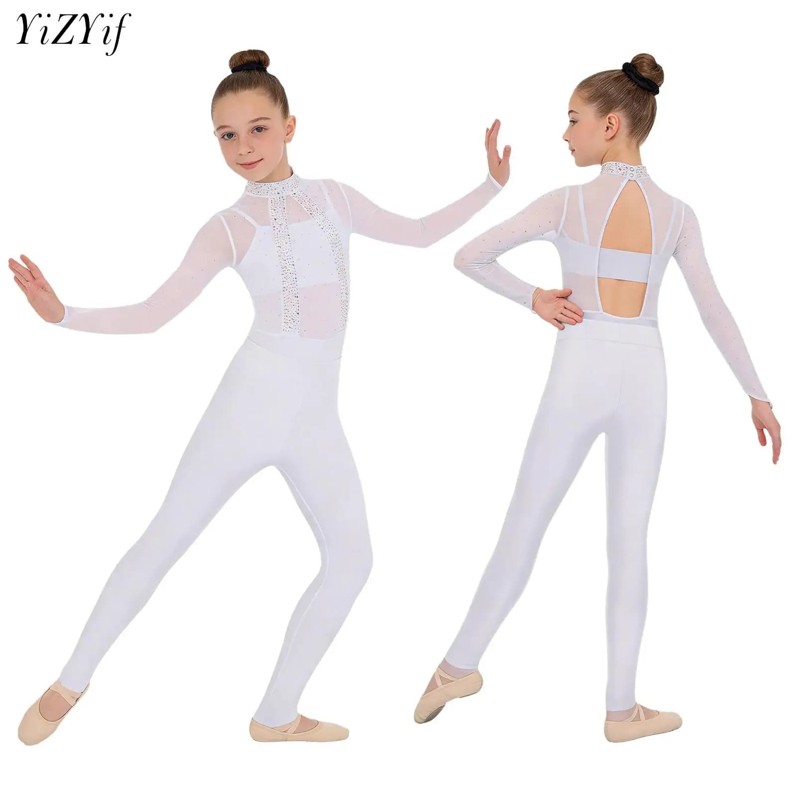 Girls Shiny Rhinestones Sheer Mesh Ballet Dance Gymnastics Leotard with Camisole Leggings for Figure Skating Yoga Performance