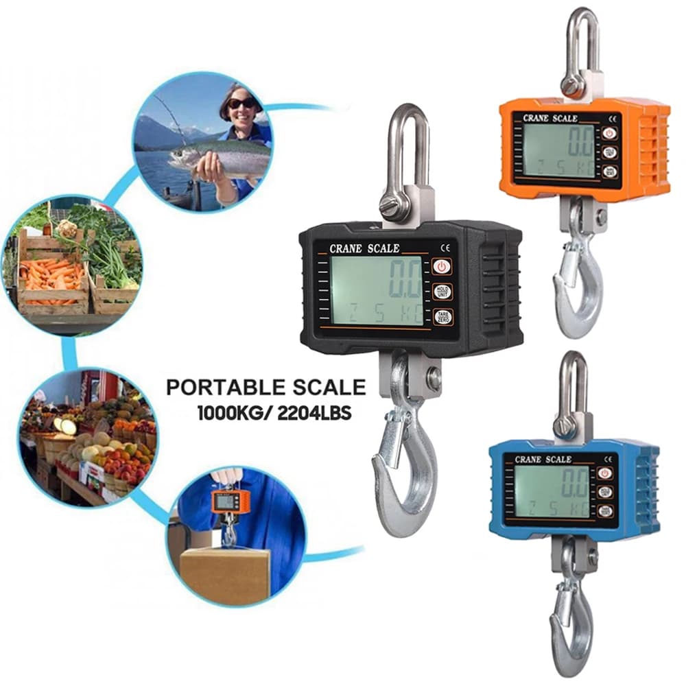 1000kg Digital Hanging Scale Portable Heavy Duty Crane Scale LCD Backlight Display Unit Change/ Data Hold Industrial Hook Scales