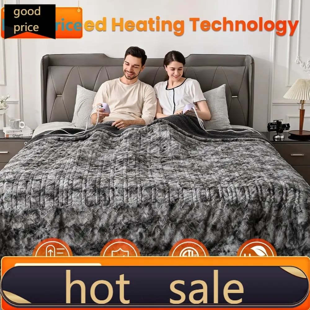 Coperta Elettrica King Size, Doppio Controllo, 90x100, in Pile e Sherpa su Entrambi i Lati, 10 Impostazioni di Calore, 12 Ore di Autonomia