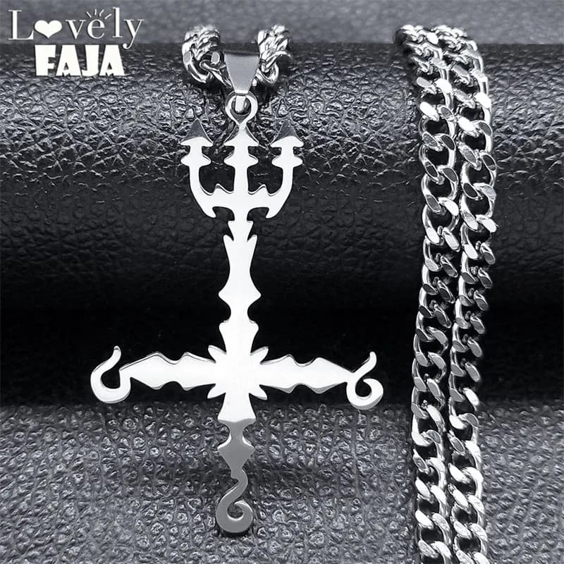 666 Collana demoniaca Tridente croce invertita Satana per donna Uomo Acciaio inossidabile Colore argento Collane di dichiarazione Gioielli N8055SR