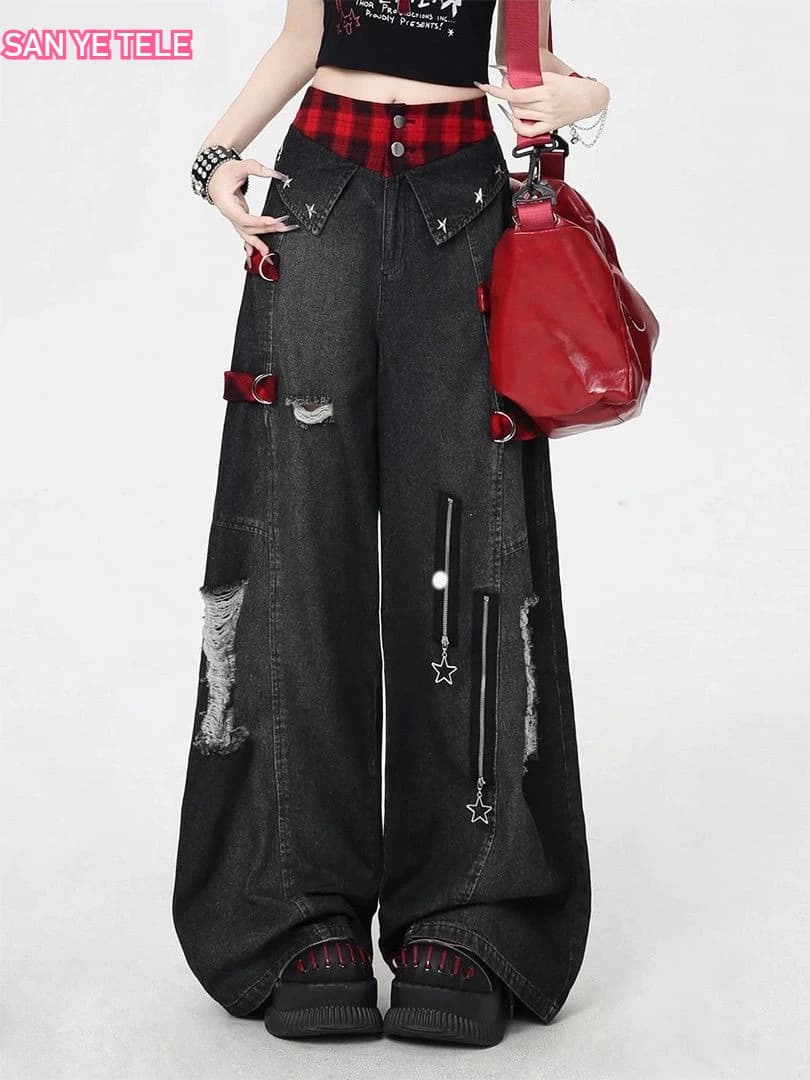 Y2K Rosso Gotico Hip-Hop Foro Vintage Jeans Ragazza High Street Trend Americano Baggy Lavaggio Cintura generale Splicing Donna Pantaloni a gamba larga