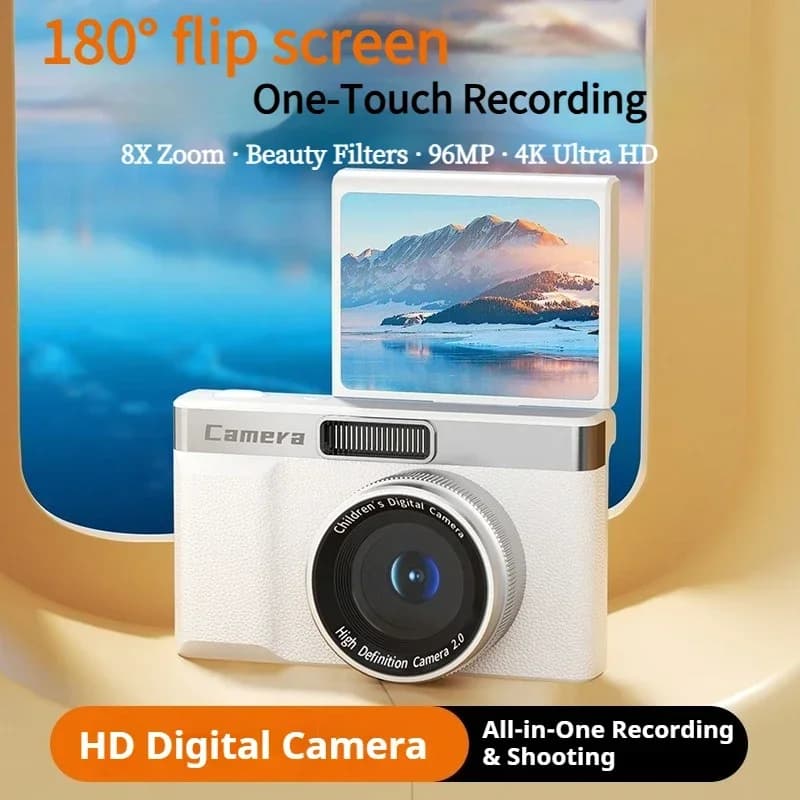 Fotocamera Digitale 4K 9600MP con Zoom 8X, Autofocus, Portatile, HD, per Selfie, 180° ° Fotocamera CCD per Studenti con Schermo Ribaltabile