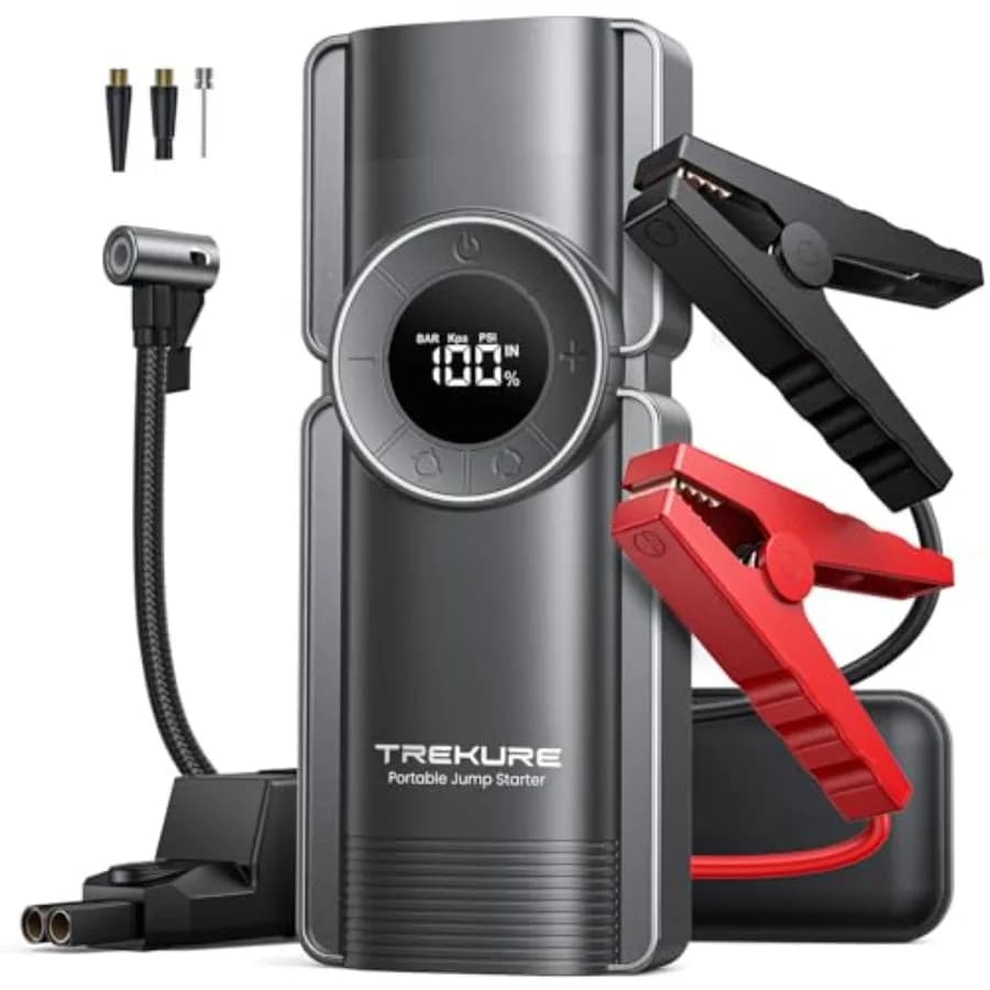 Avviatore d'Emergenza Portatile per Auto con Compressore d'Aria, Batteria al Litio, Nero, 150PSI/5000A, Design di Sicurezza a Doppia Funzione