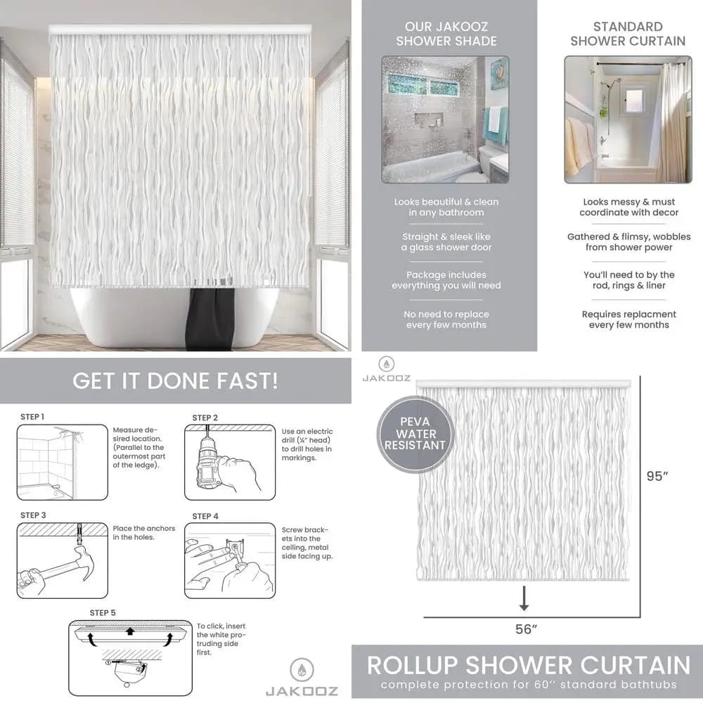 Tenda da Doccia a Soffitto, Impermeabile in PEVA, Resistente, Senza Aste o Ganci, 56x95 Motivo a Onde
