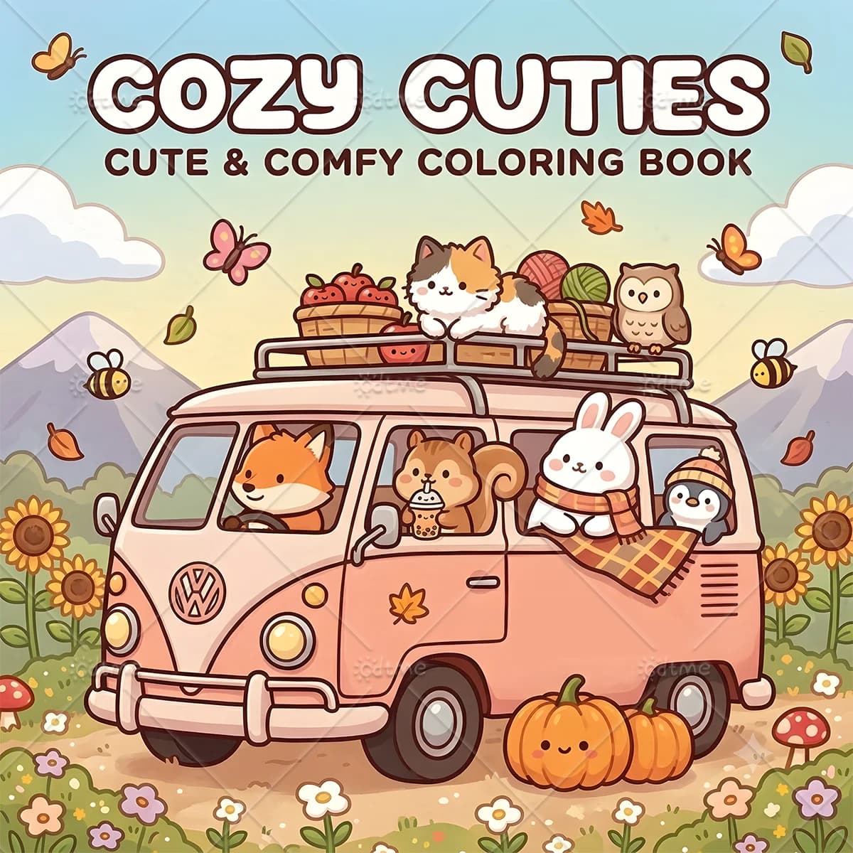 Cozy Cuties Coloring Book, Large Print Cute Autumn Animal Road Trip Scenes, Stress Relief Relaxing Art Drawing Book for Adults