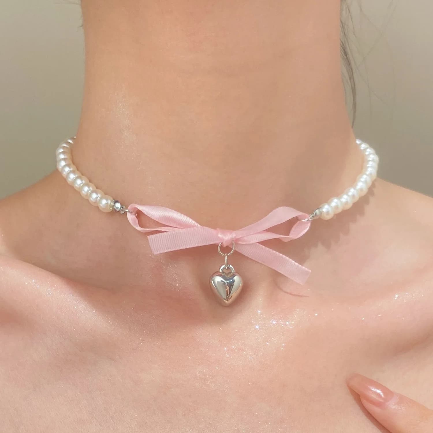French Romantic Pink Bowknot Heart Pendant Pearl Necklace Jewelry 2026 Trending New Women's Sweet Pure Desire Bow Necklaces