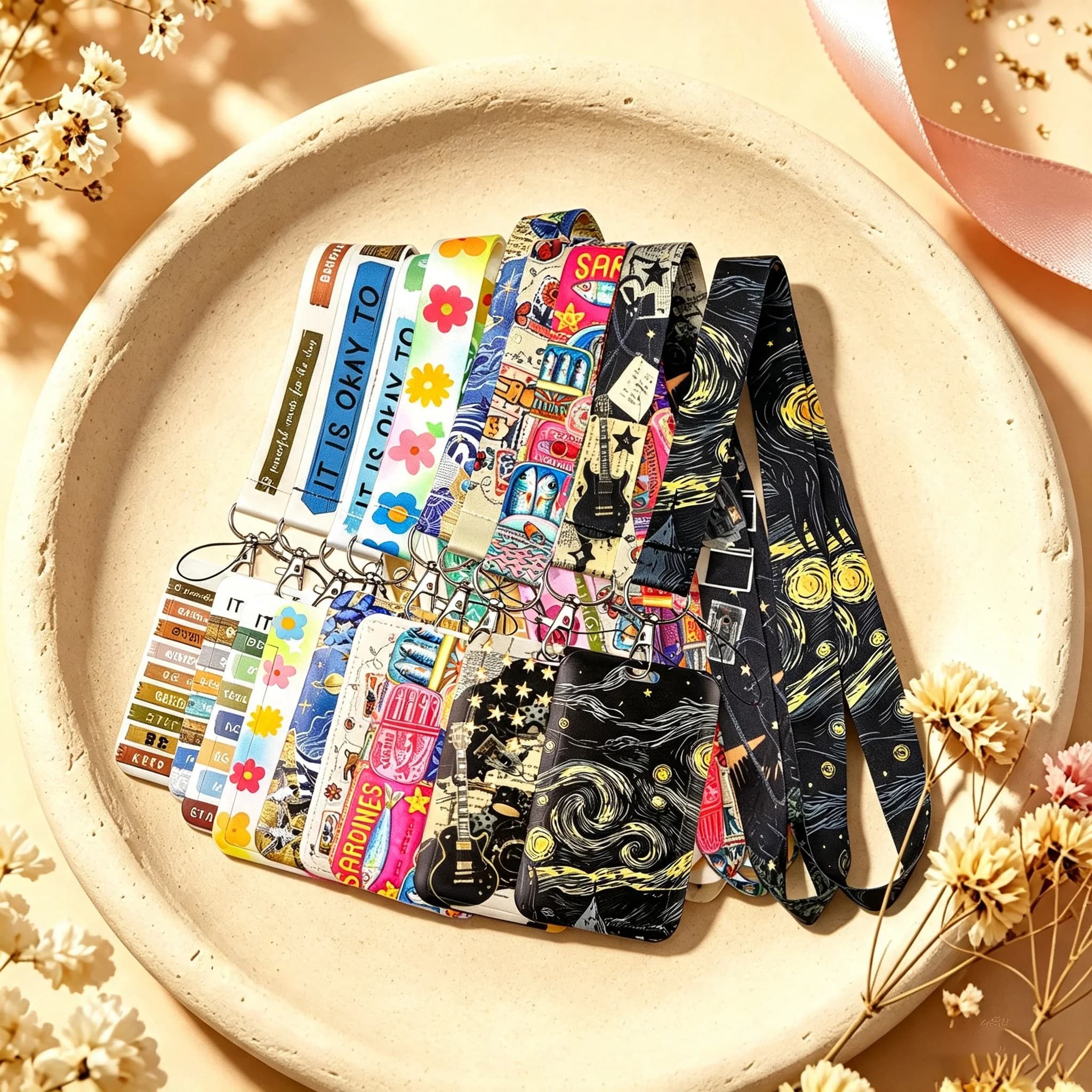 Colorful Art Guitar Flower Inspirational Quotes Print Lanyard With Card Holder ID Badge Strap Hanging Sleeve Gift Accessories
