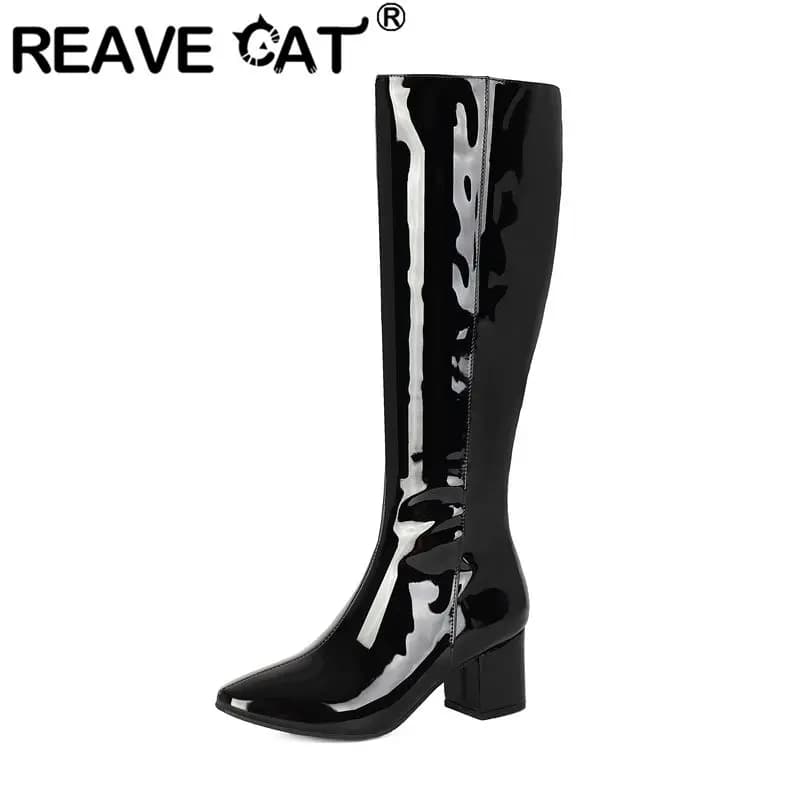 REAVE CAT Gold Women Knee High Boots Round Toe 6cm Block Heel Zipper Small Big Size 32 33 42 43 Sexy Dating Long Botas Handmade