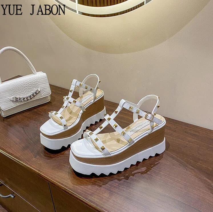 Sandali con Zeppa Alta da Festa per Donne, Decorazione con Borchie, Cinturino alla Caviglia, Scarpe Casual con Stelle, Vera Pelle, Scarpe Estive, Zapatos Mujer