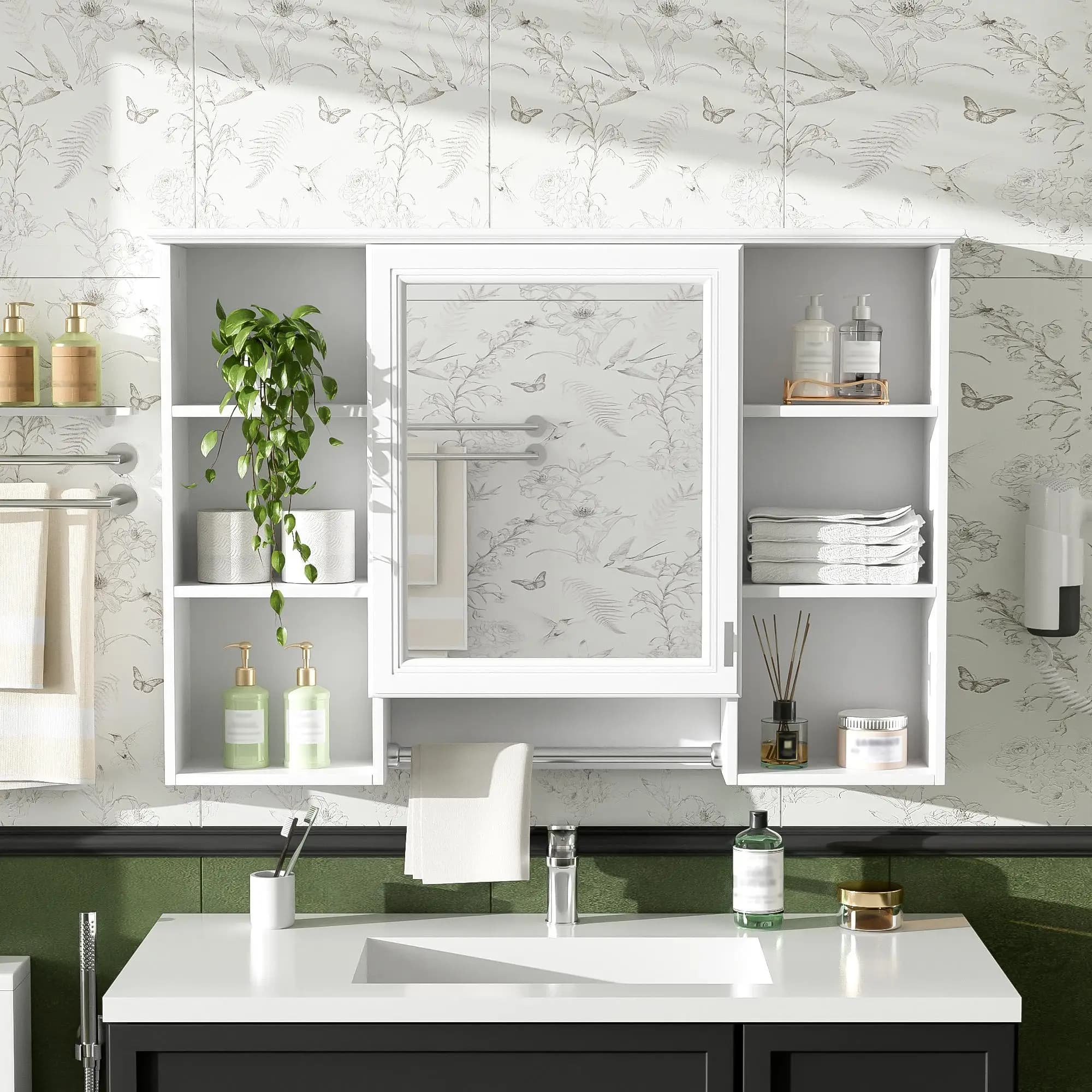 3-in-1 42in Wall-Mounted Bathroom Mirror Cabinet with Adjustable Shelf, Soft-Close Door & Towel Bar