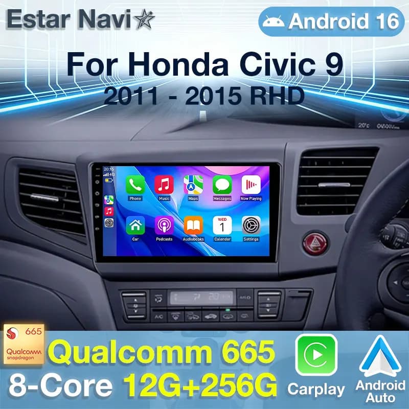 Autoradio Android 16 per Honda Civic 9 FB FK FD 2011-2015 (RHD) con GPS, Lettore Multimediale, Navigatore, Wireless Carplay, QLED, DSP