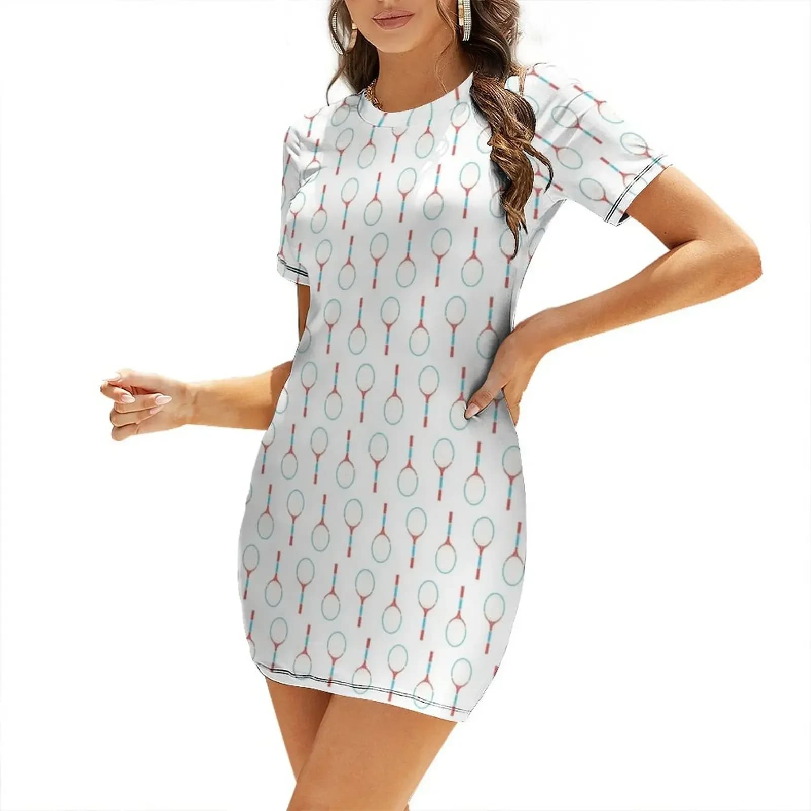 Retro tennis racket sports pattern Short-Sleeved Dress chic and elegant woman dress summer dress women 2026