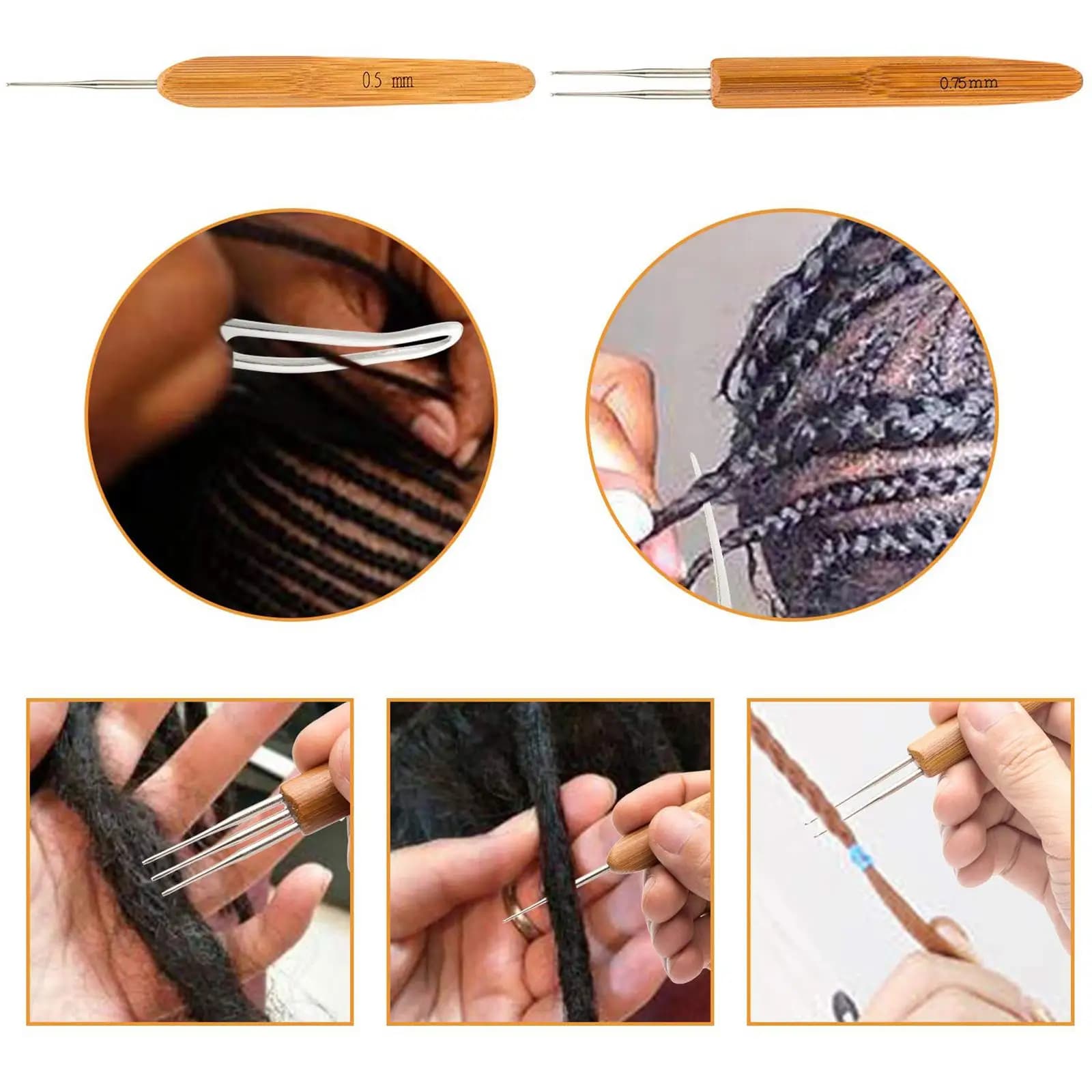 7 Crochet Hooks Set Weaving Needle Steel Crochet Hook with Bamboo Handle Interlocking Hair Tool Accessories