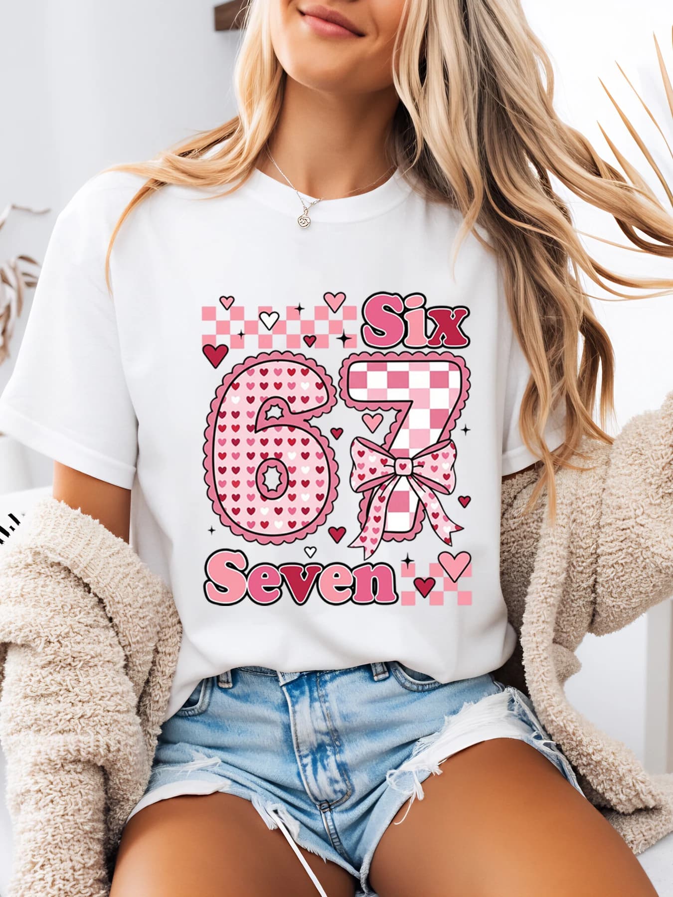 T-shirt with print Six Seven squares, casual women's clothing for Valentine's Day, white strong sizes