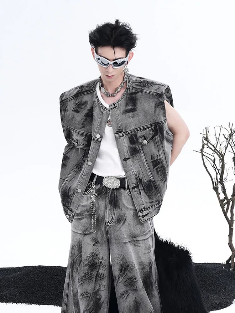StarTexceedend American Street Graffiti Pad Shoulder Sleeveless Jeans Jacket Men's Vest Set Breathable Youthful Style Summer ...