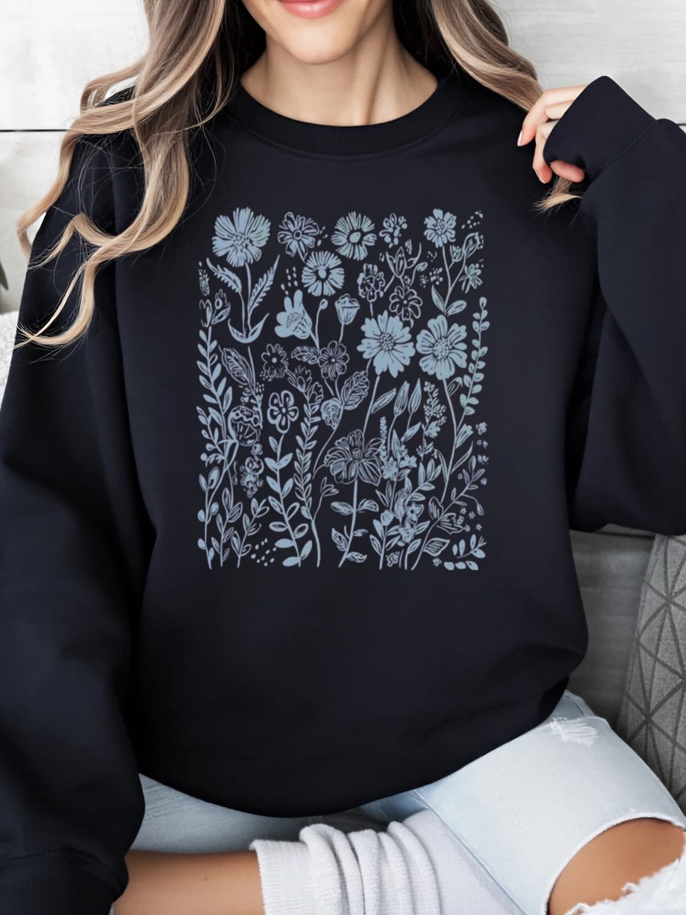 Women's Floral Printed Sweatshirt Casual Clothing Black Plus Size